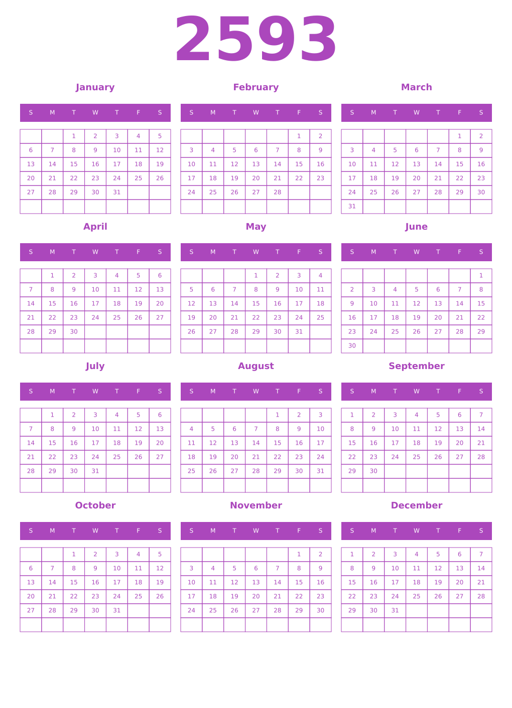Printable 2593 Year Calendars purple