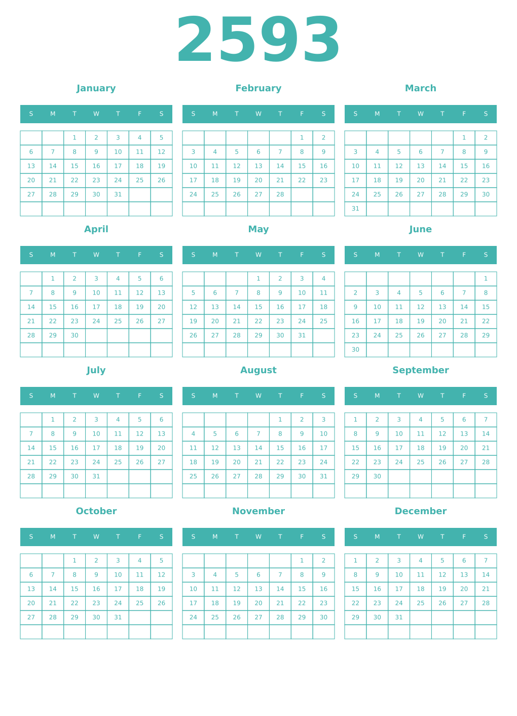 Printable 2593 Year Calendars verdigris
