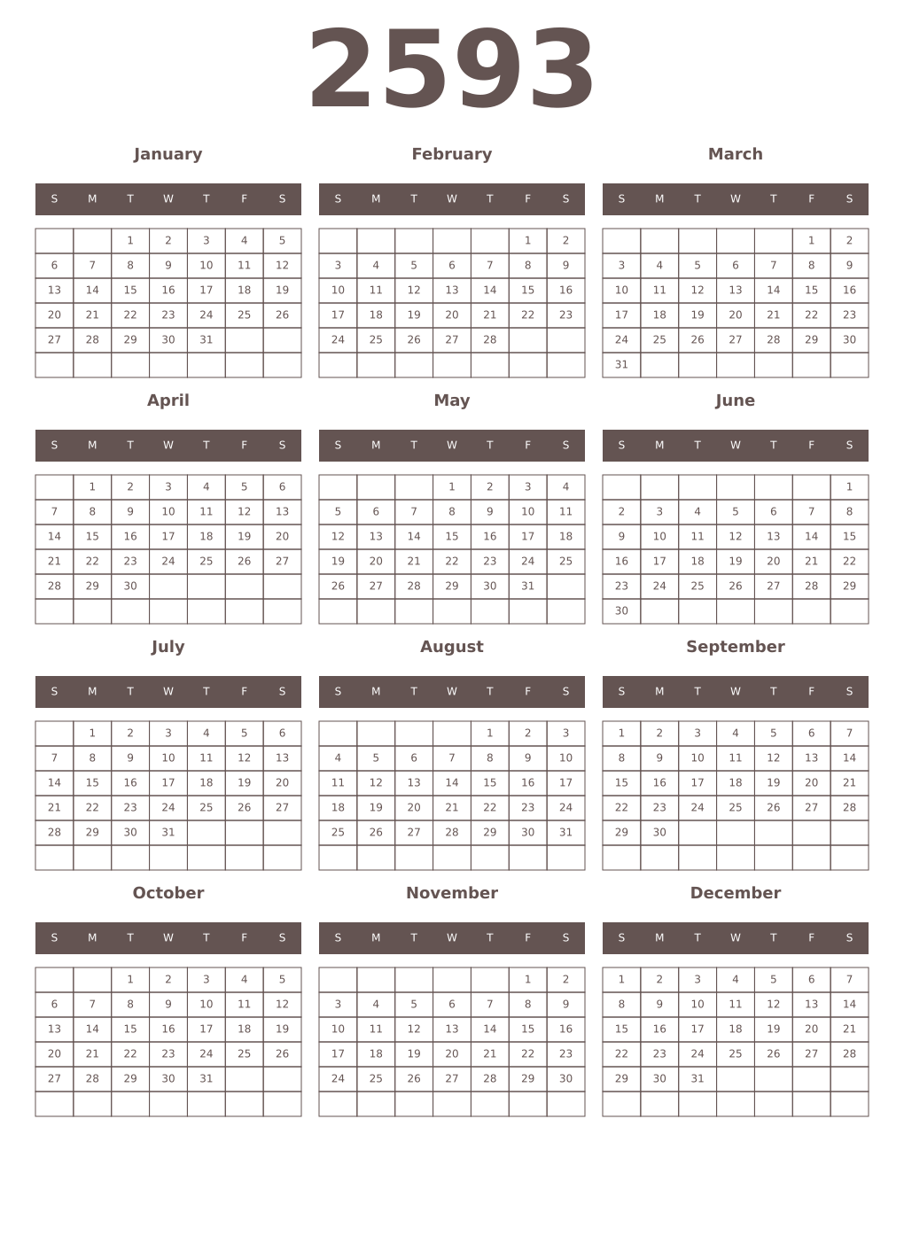 Printable 2593 Year Calendars wenge