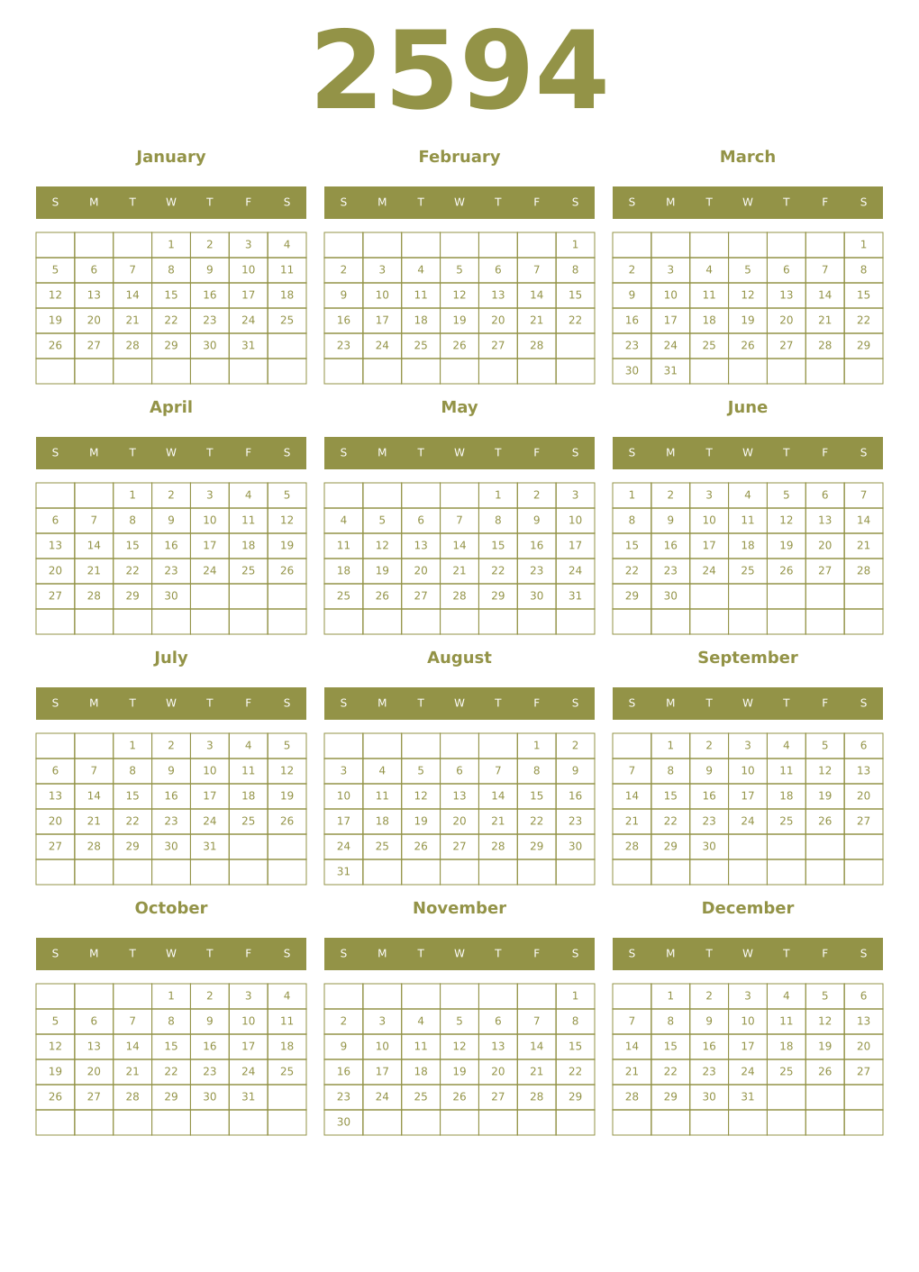 Printable 2594 Year Calendars eburnean