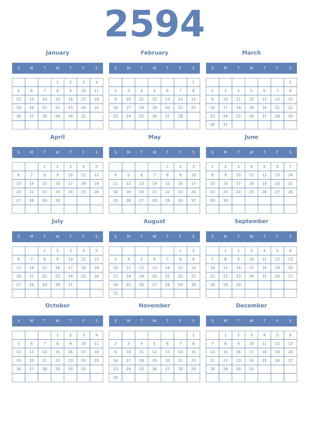 Printable 2594 Year Calendars glaucous