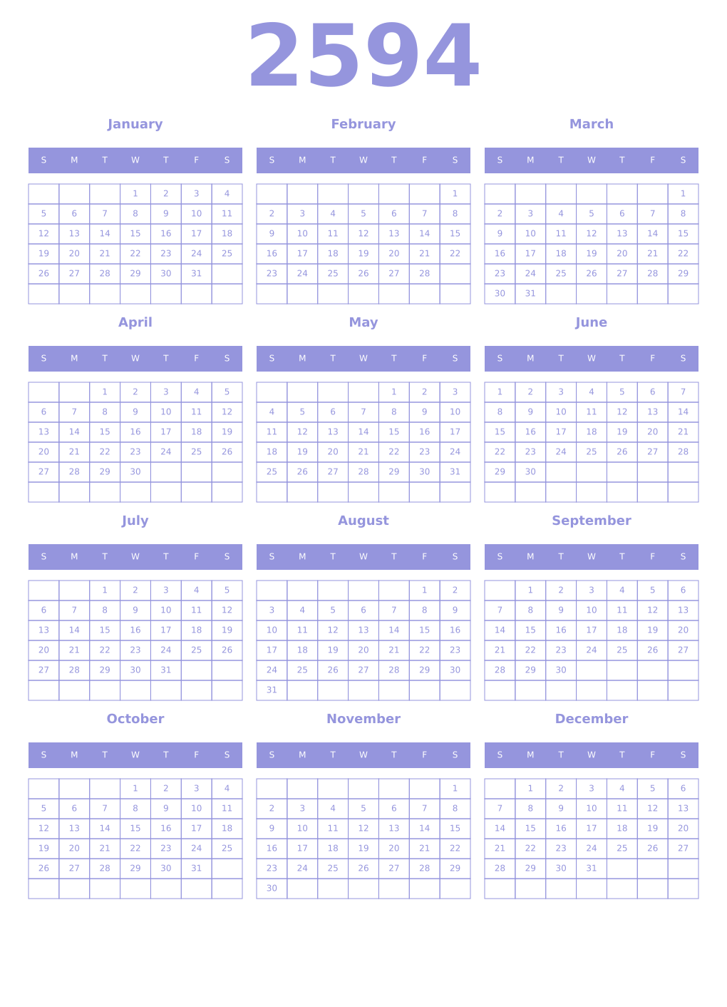 Printable 2594 Year Calendars periwinkle
