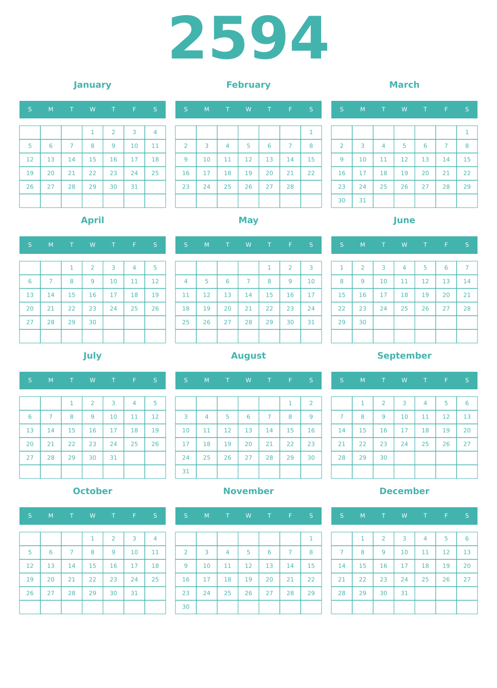 Printable 2594 Year Calendars verdigris
