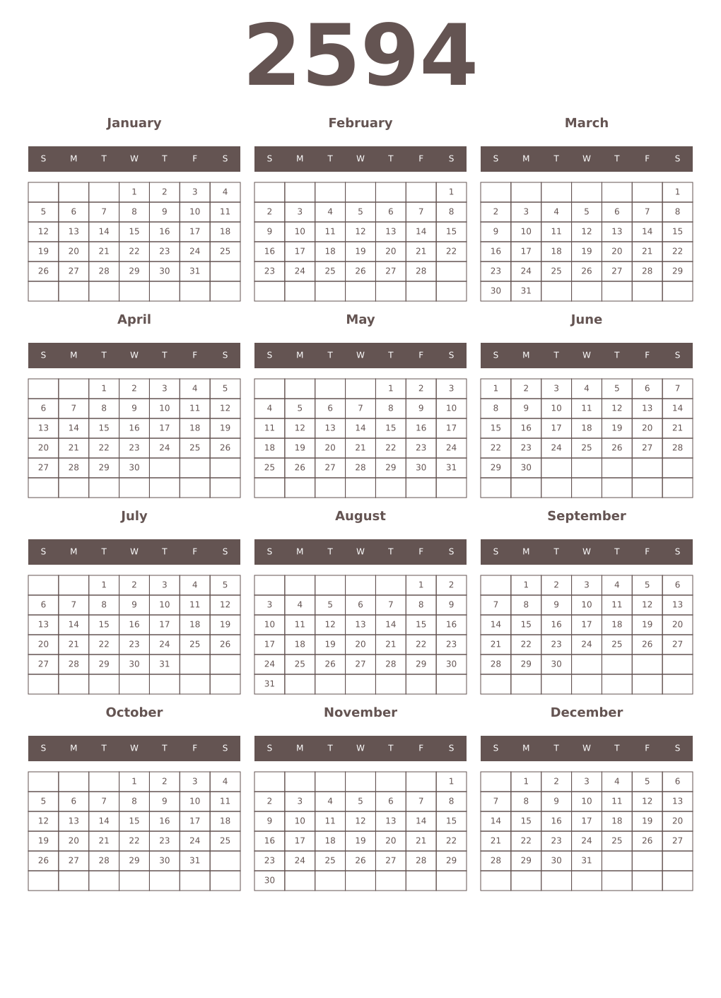 Printable 2594 Year Calendars wenge