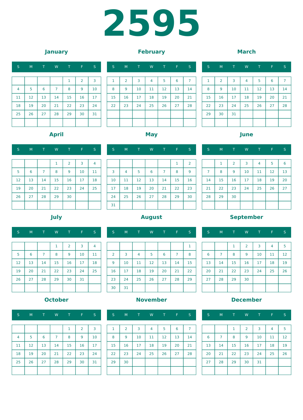 Printable 2595 Year Calendars pastel