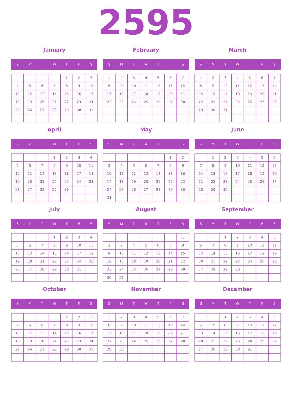 Printable 2595 Year Calendars purple