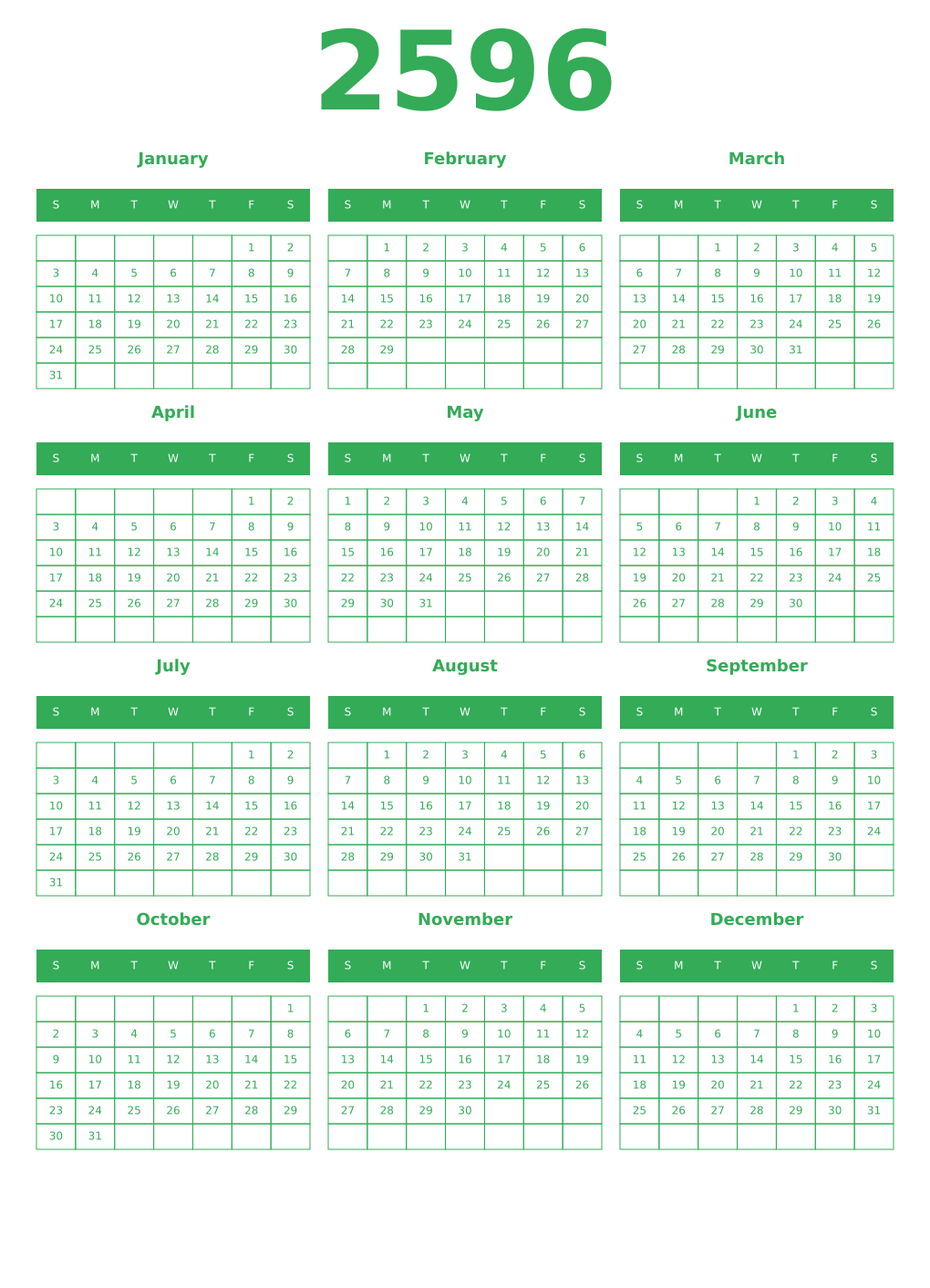 Printable 2596 Year Calendars green