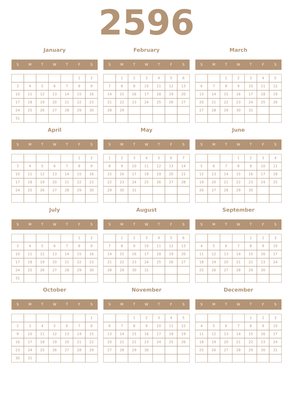 Printable 2596 Year Calendars isabelline