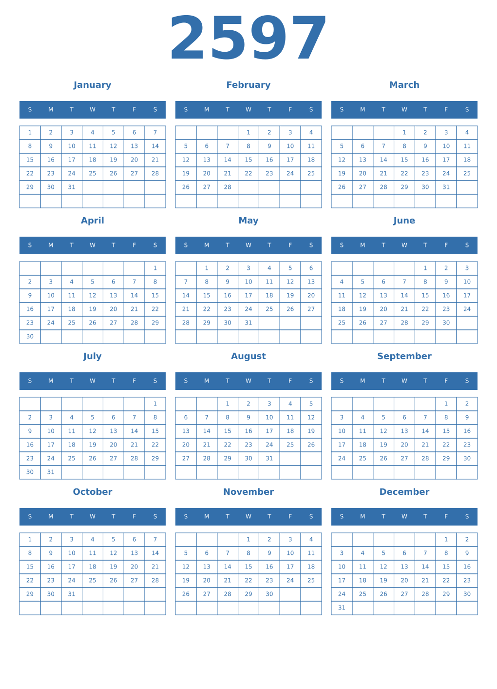 Printable 2597 Year Calendars blue