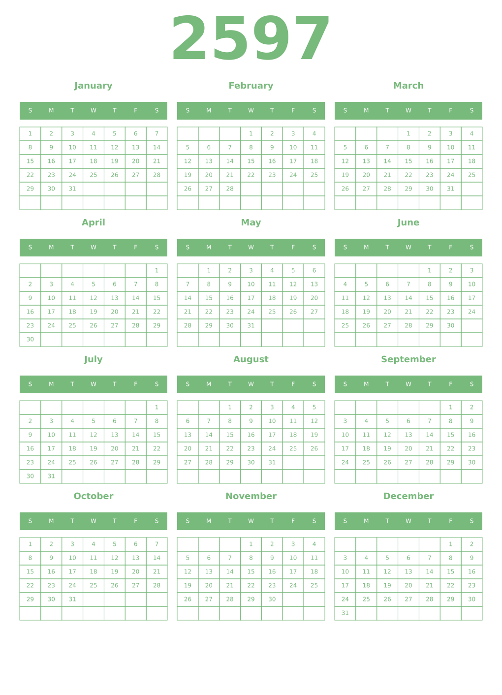 Printable 2597 Year Calendars celadon