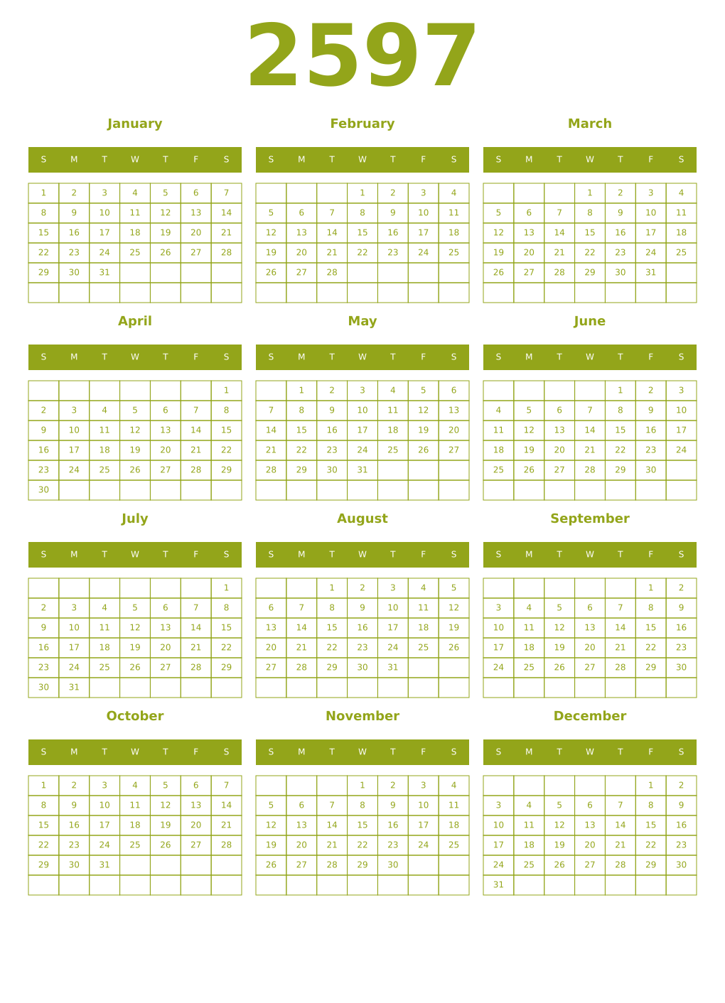 Printable 2597 Year Calendars chartreuse