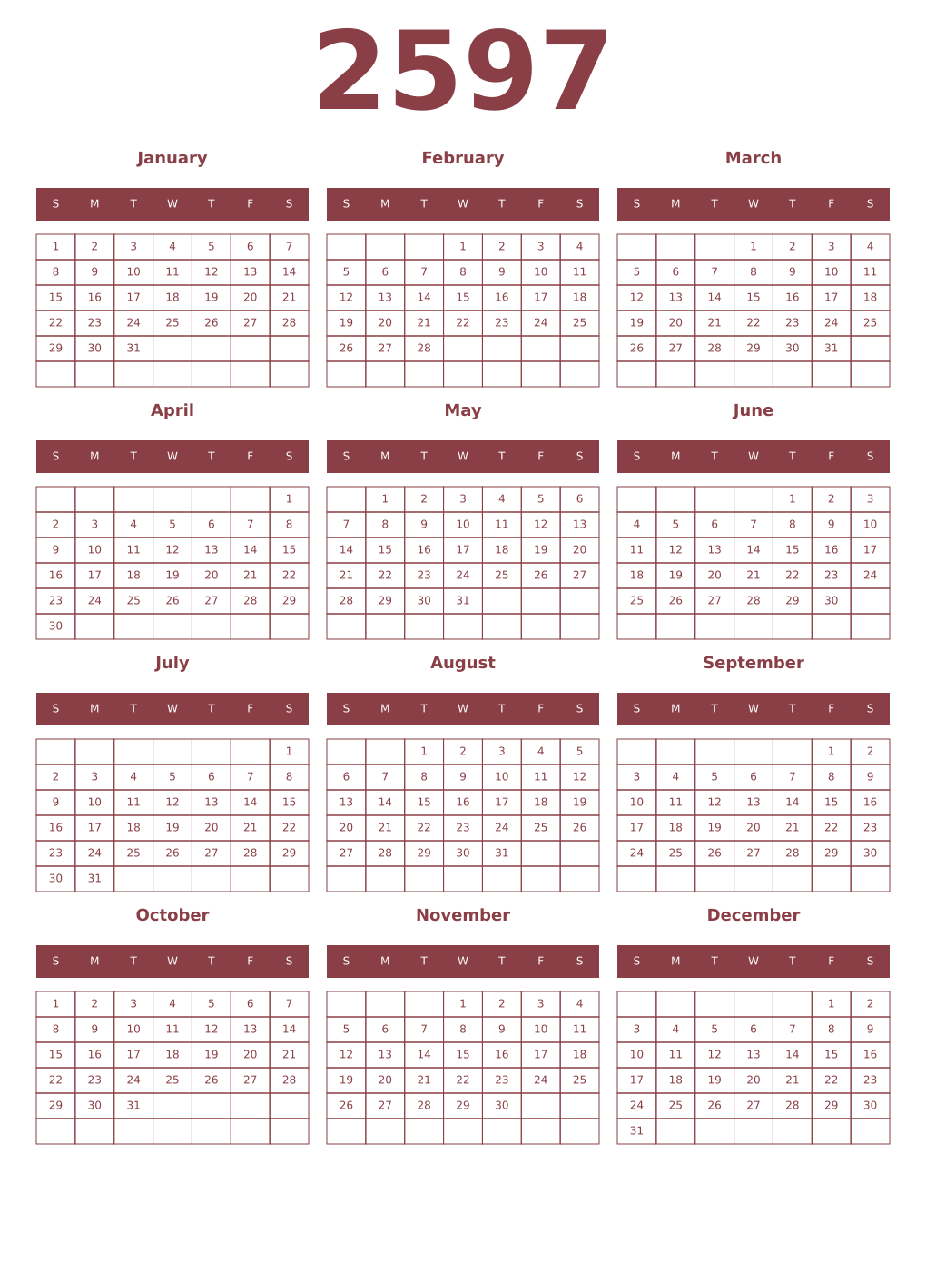 Printable 2597 Year Calendars cordovan