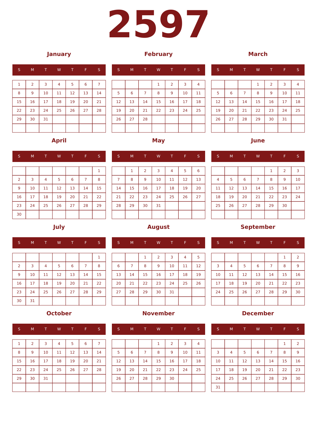 Printable 2597 Year Calendars falu
