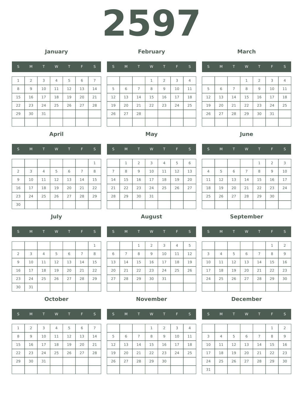 Printable 2597 Year Calendars feldgrau