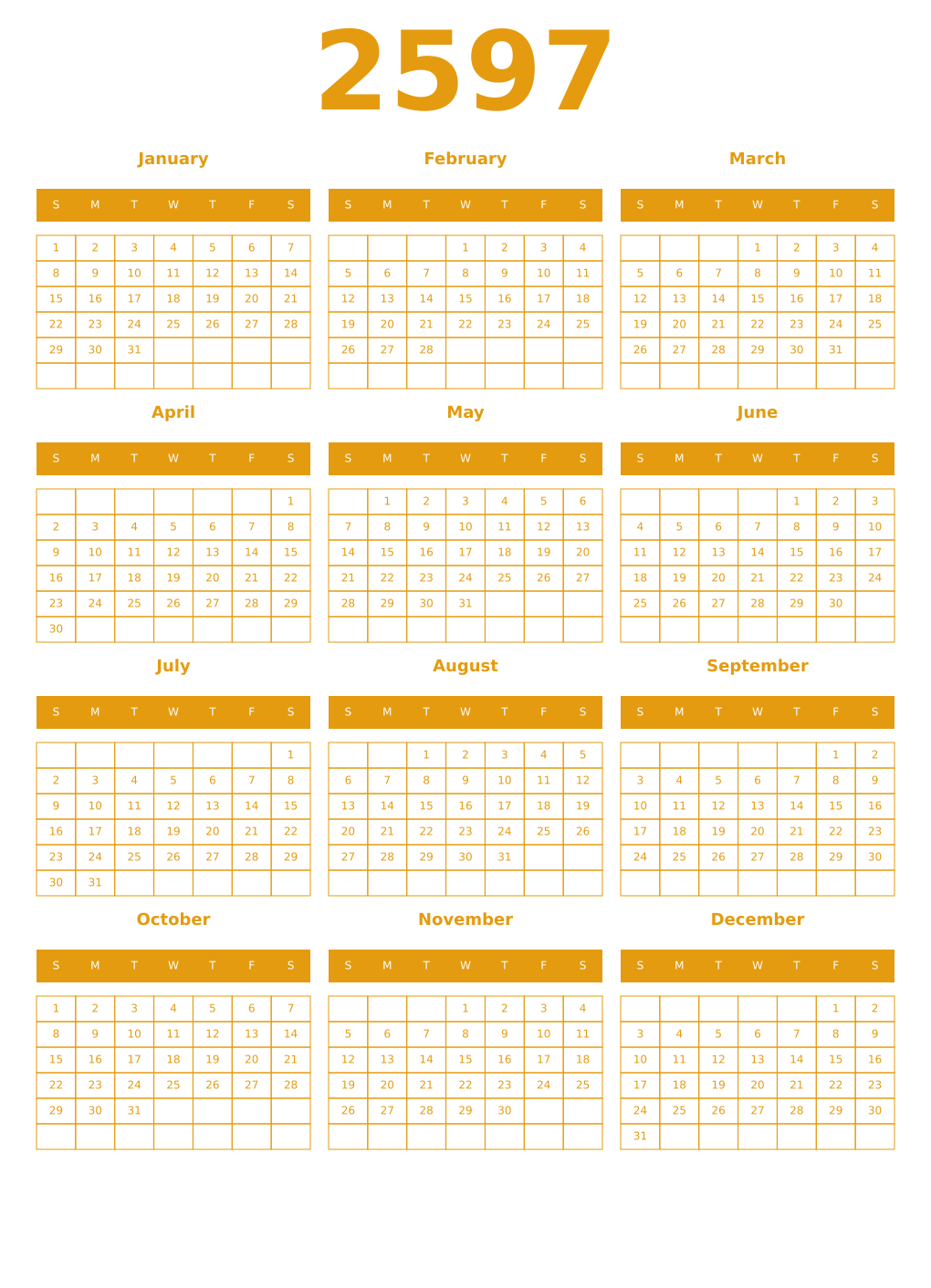 Printable 2597 Year Calendars gamboge