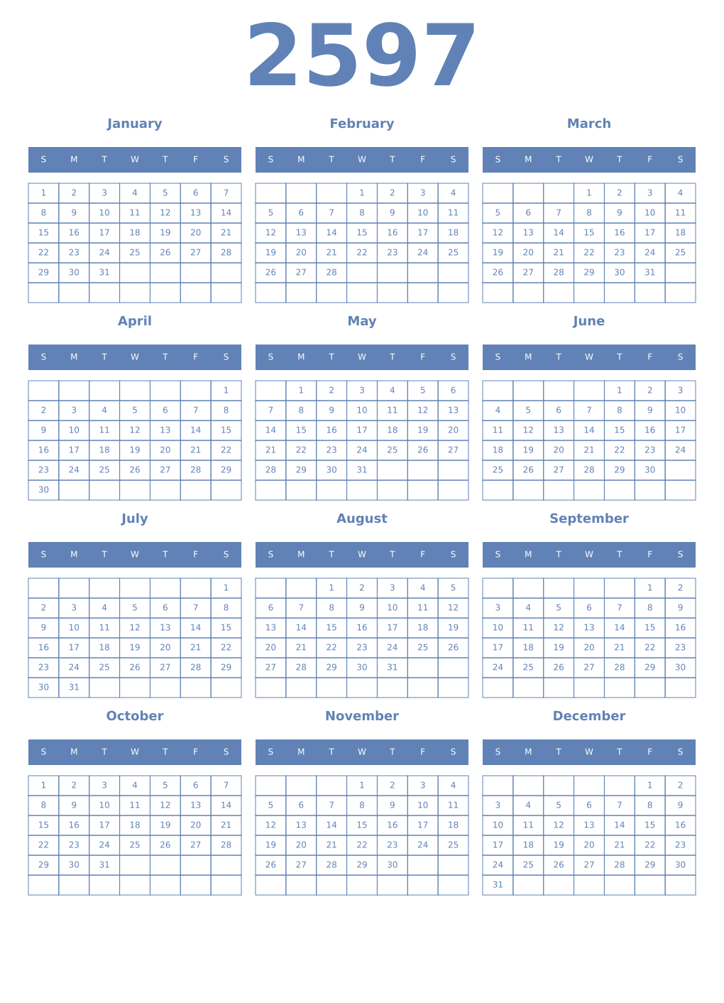 Printable 2597 Year Calendars glaucous