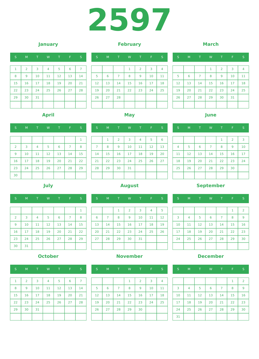 Printable 2597 Year Calendars green