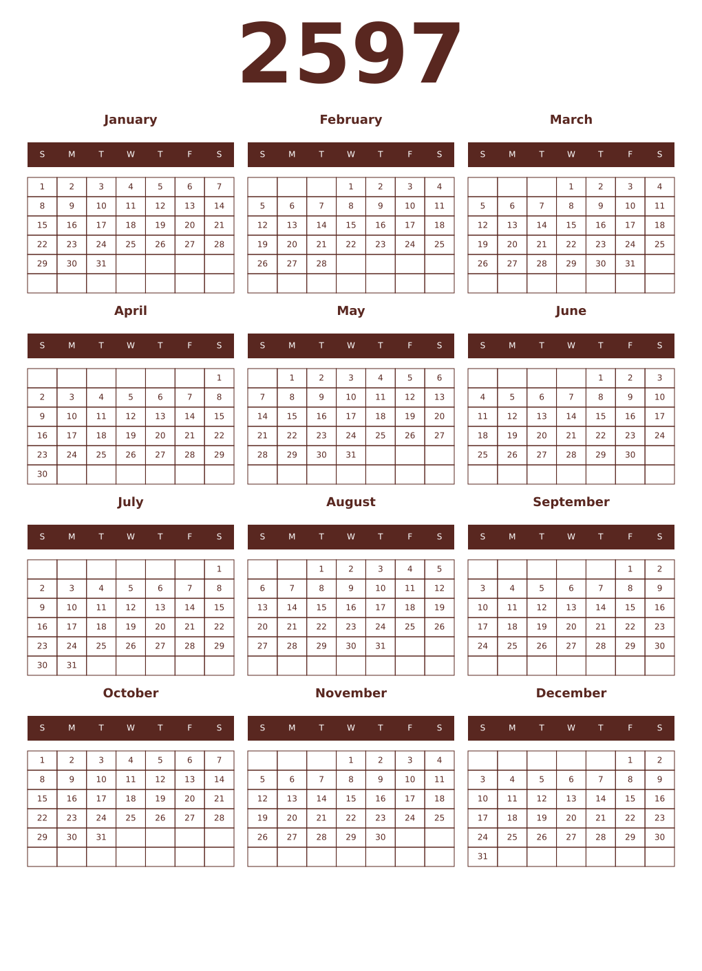 Printable 2597 Year Calendars mortuum