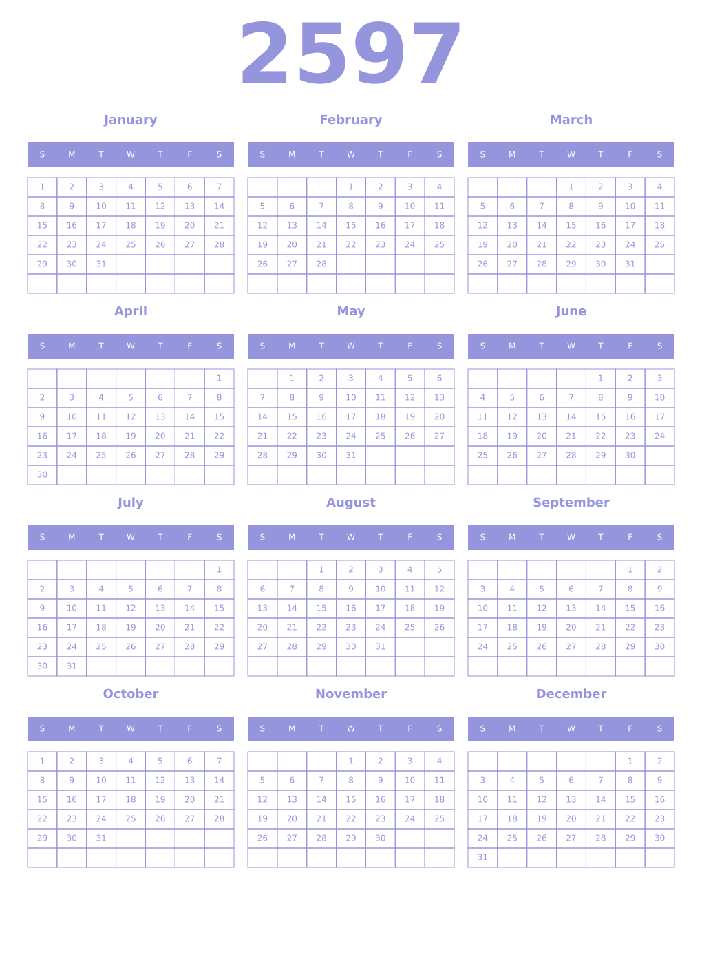 Printable 2597 Year Calendars periwinkle