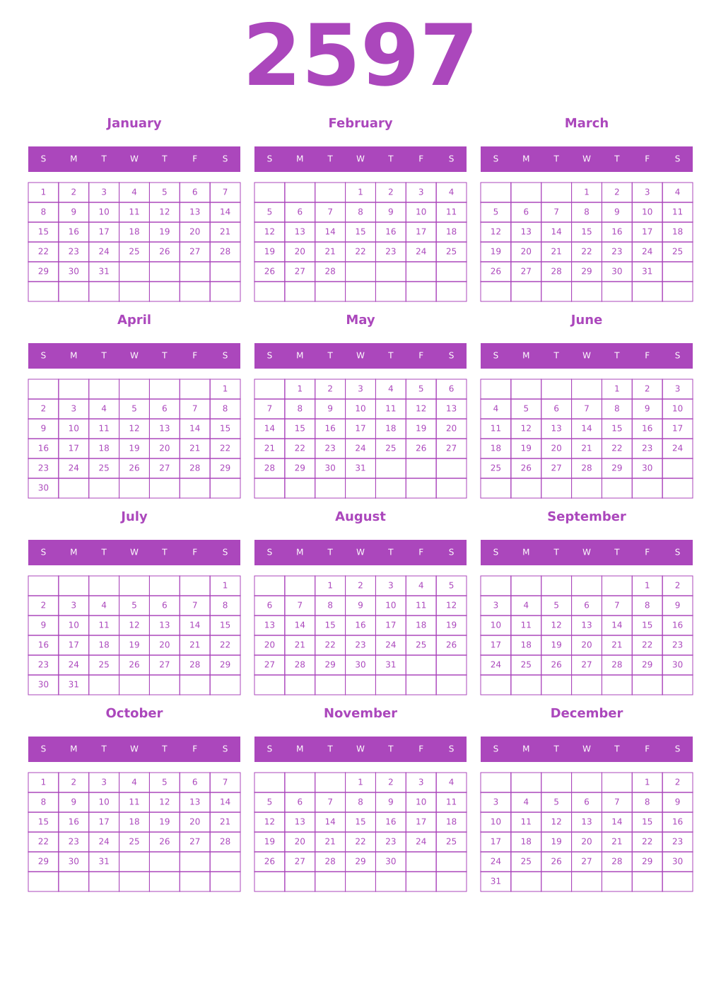Printable 2597 Year Calendars purple