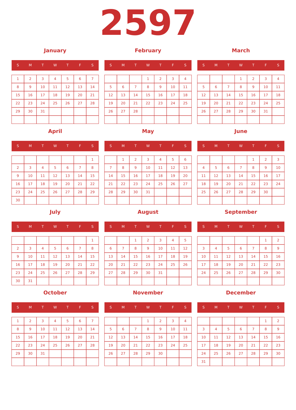 Printable 2597 Year Calendars red