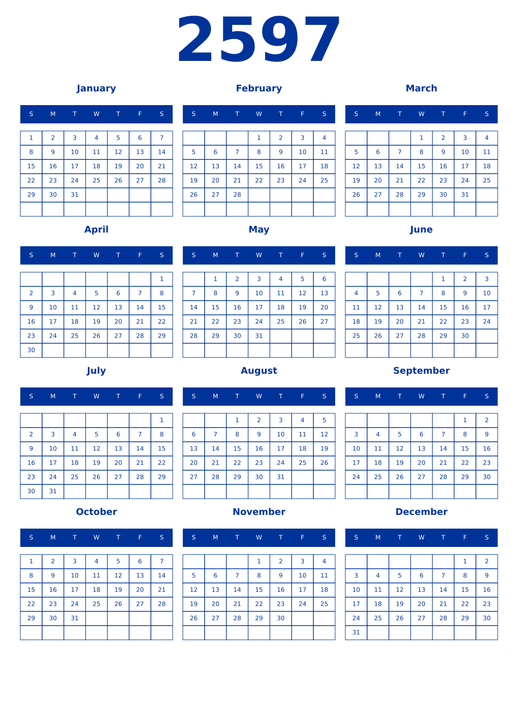 Printable 2597 Year Calendars smalt