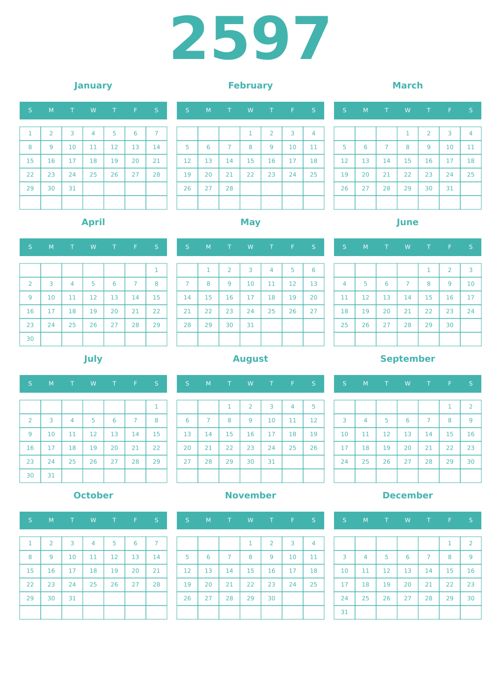 Printable 2597 Year Calendars verdigris