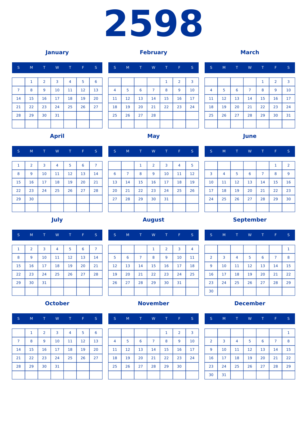 Printable 2598 Year Calendars smalt