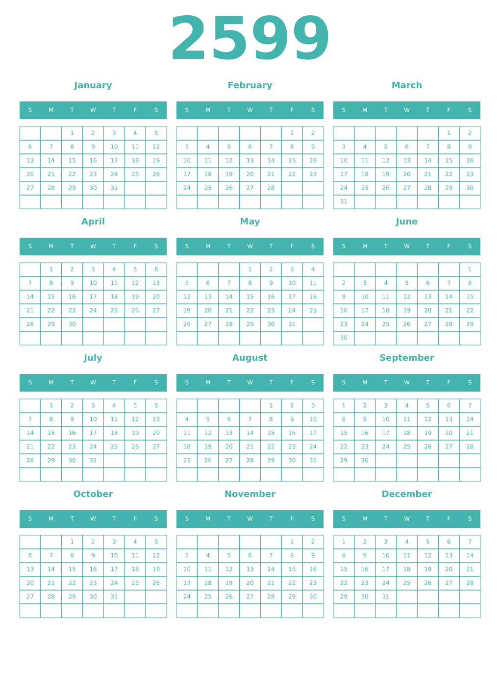 Printable 2599 Year Calendars verdigris