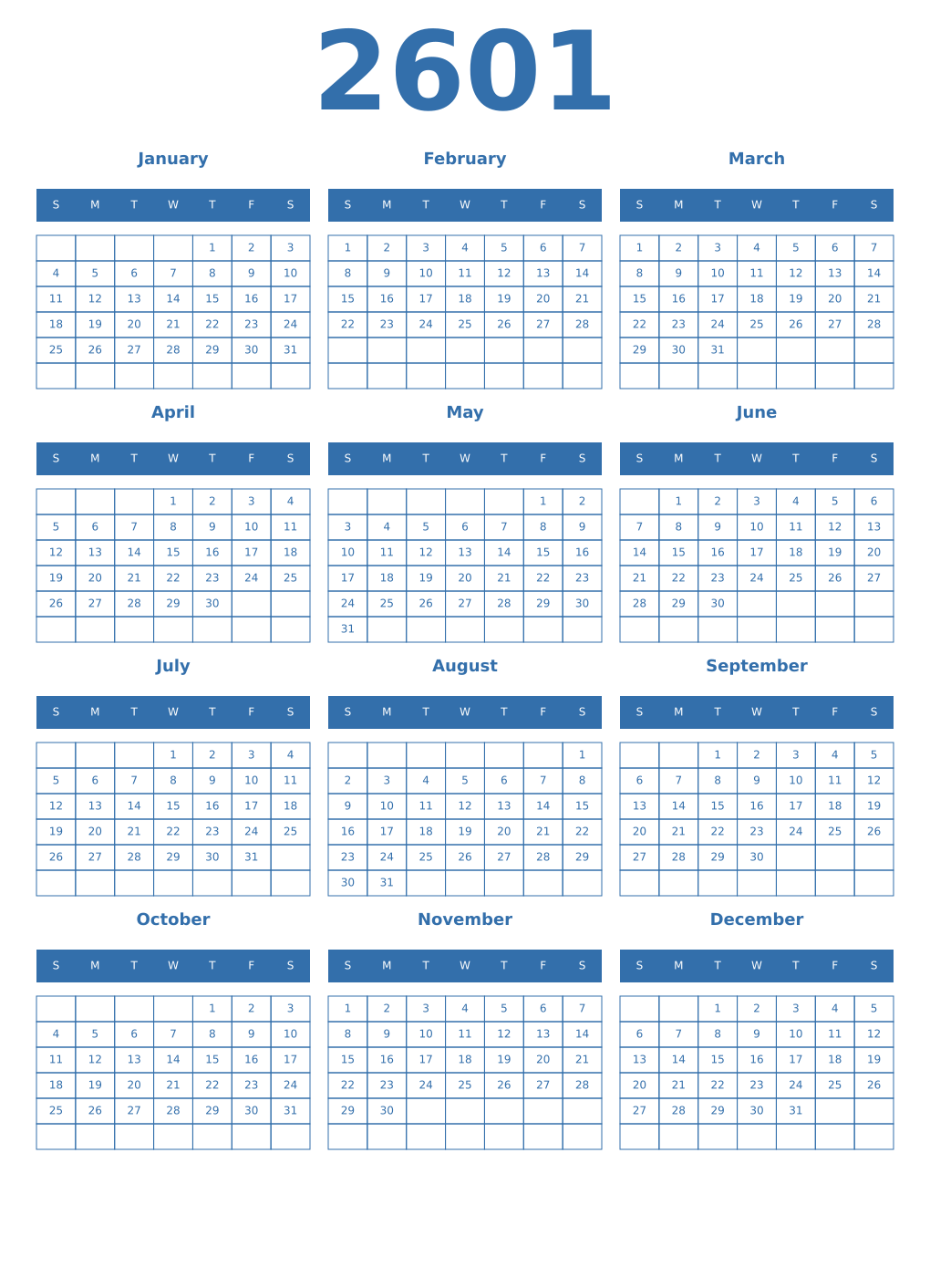 Printable 2601 Year Calendars blue
