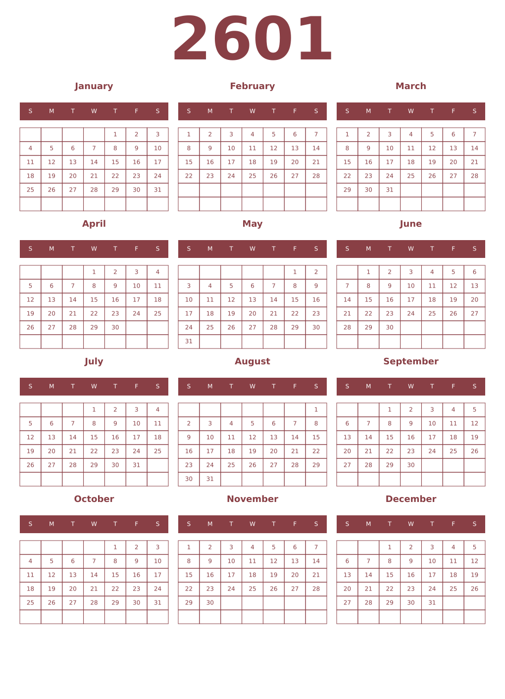Printable 2601 Year Calendars cordovan