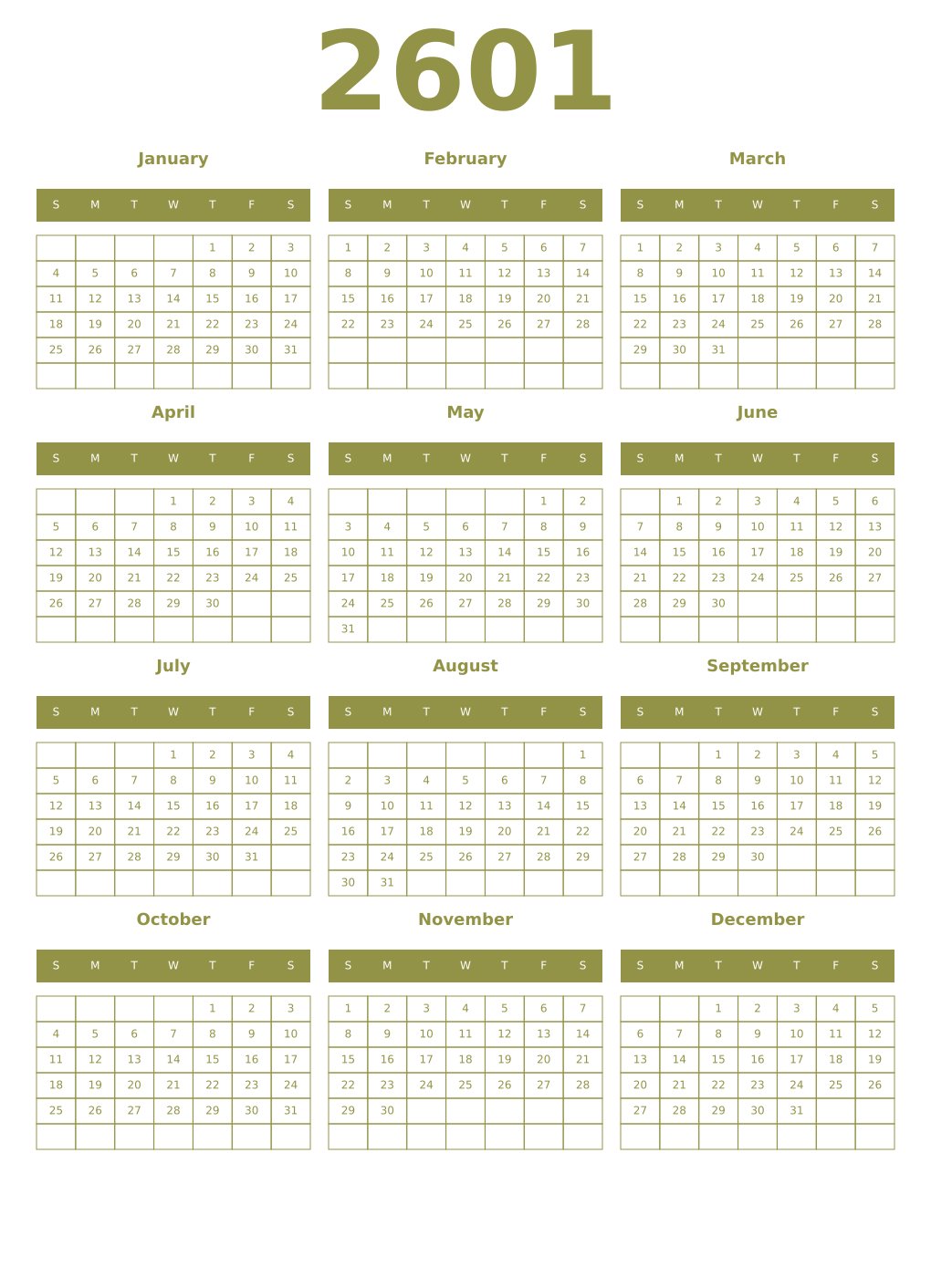 Printable 2601 Year Calendars eburnean