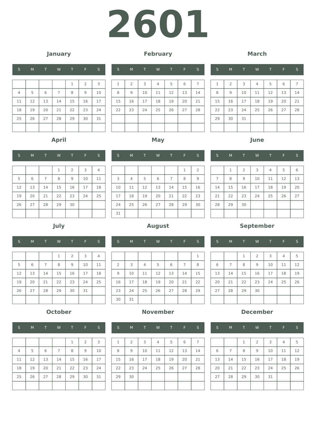 Printable 2601 Year Calendars feldgrau