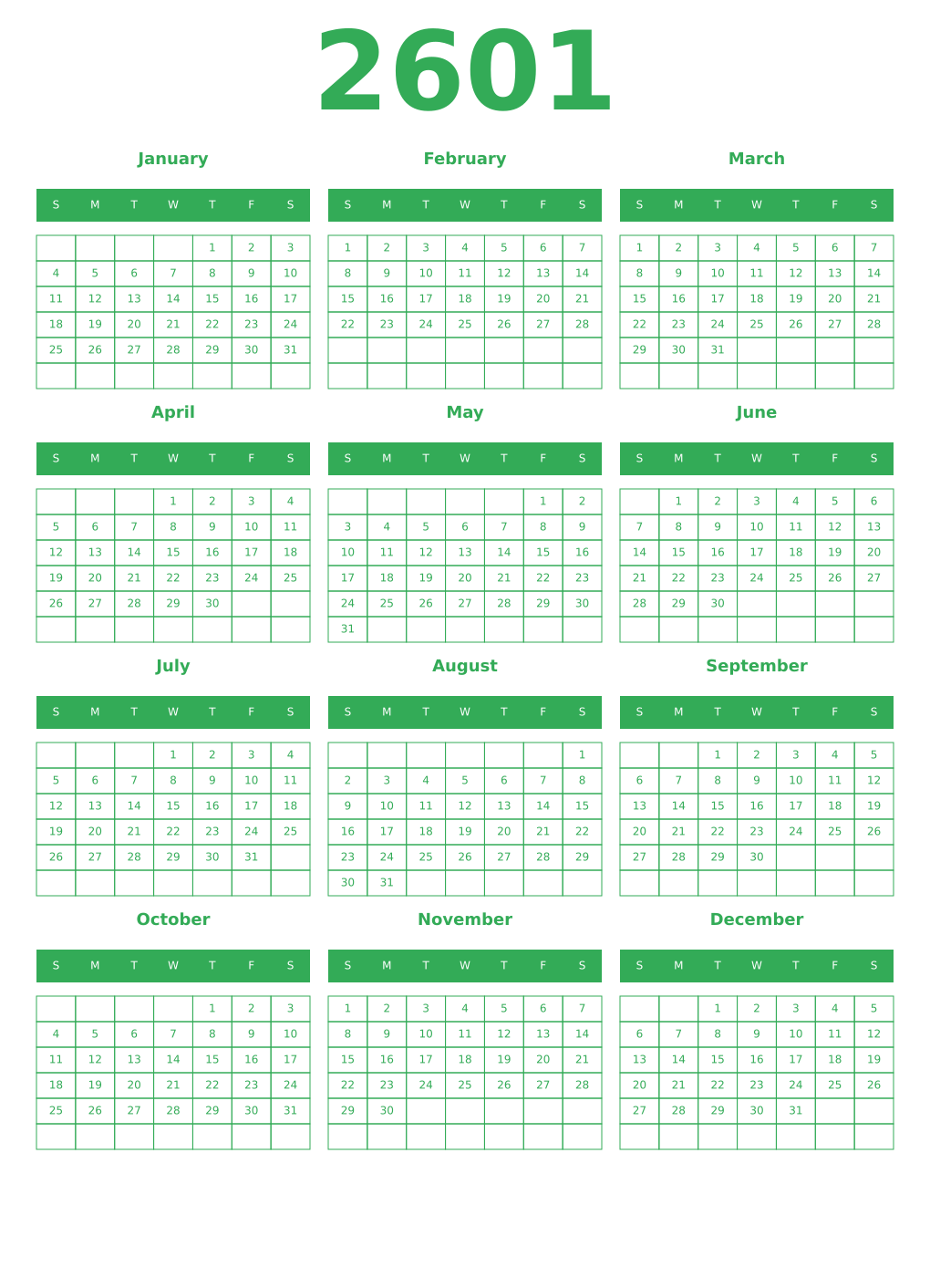 Printable 2601 Year Calendars green