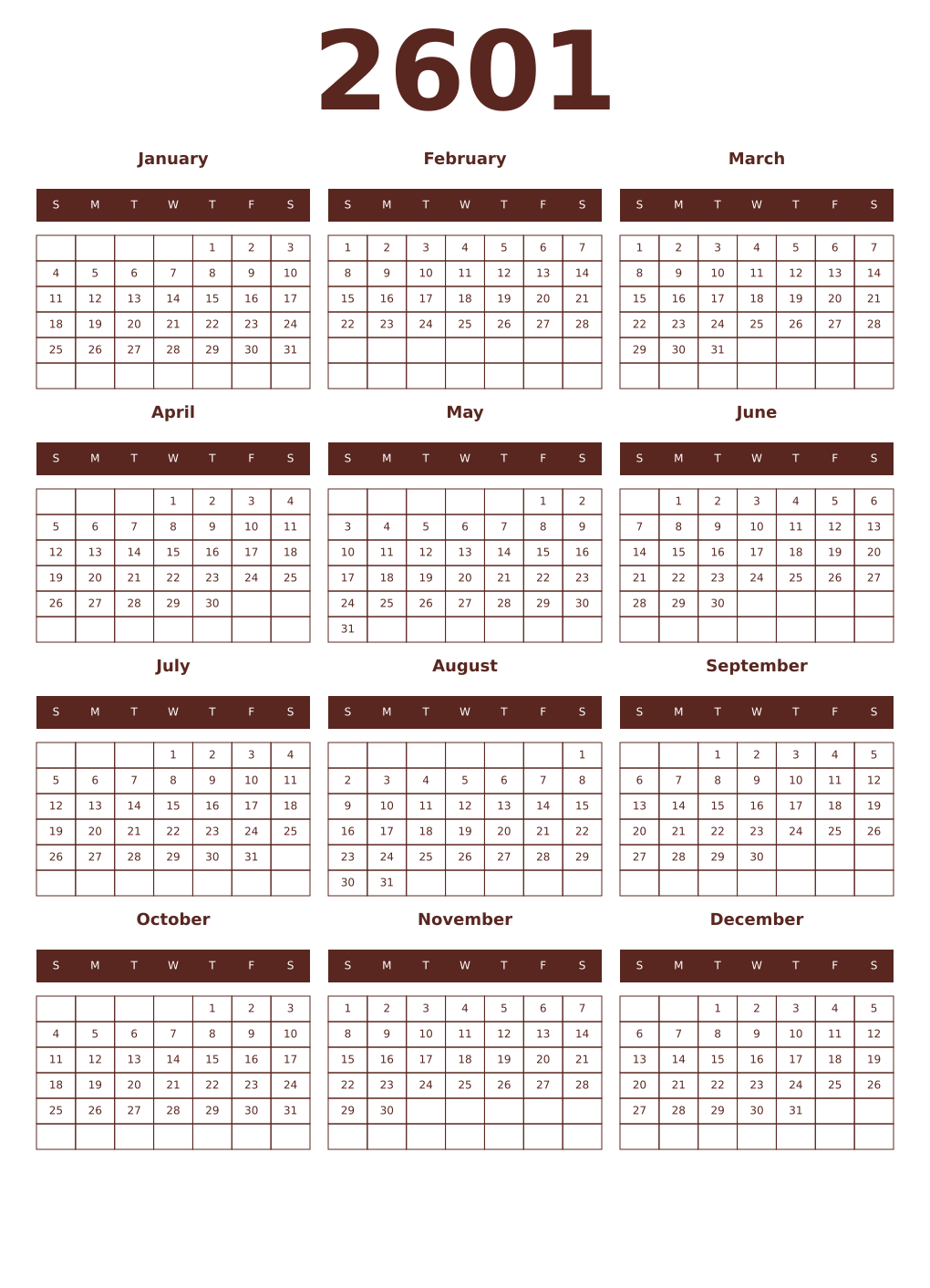 Printable 2601 Year Calendars mortuum