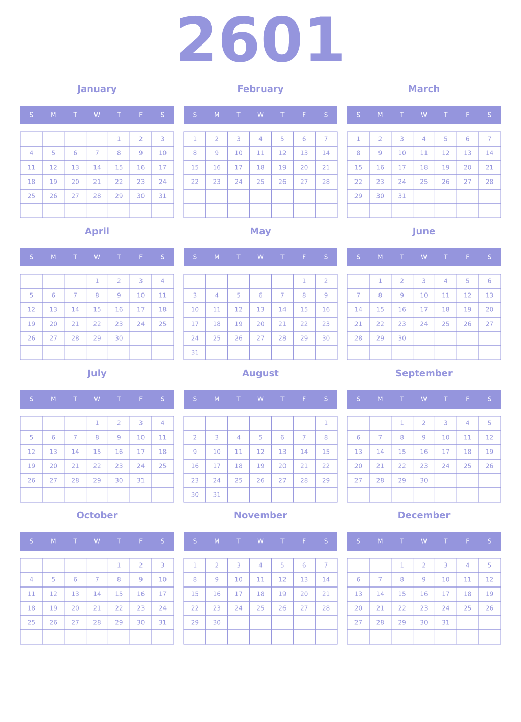 Printable 2601 Year Calendars periwinkle