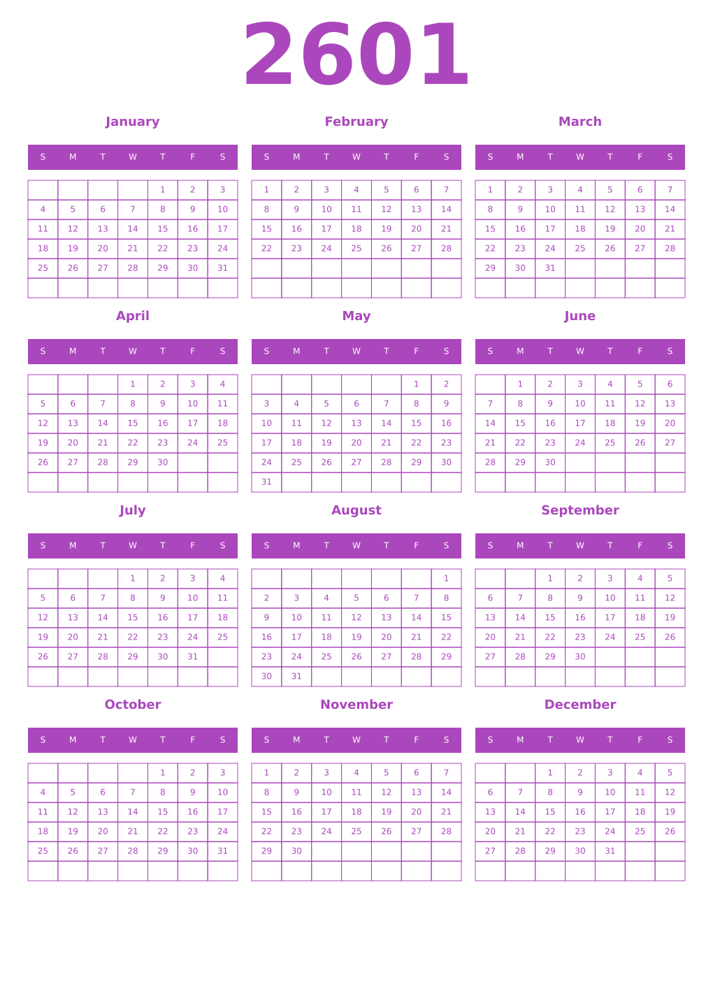 Printable 2601 Year Calendars purple