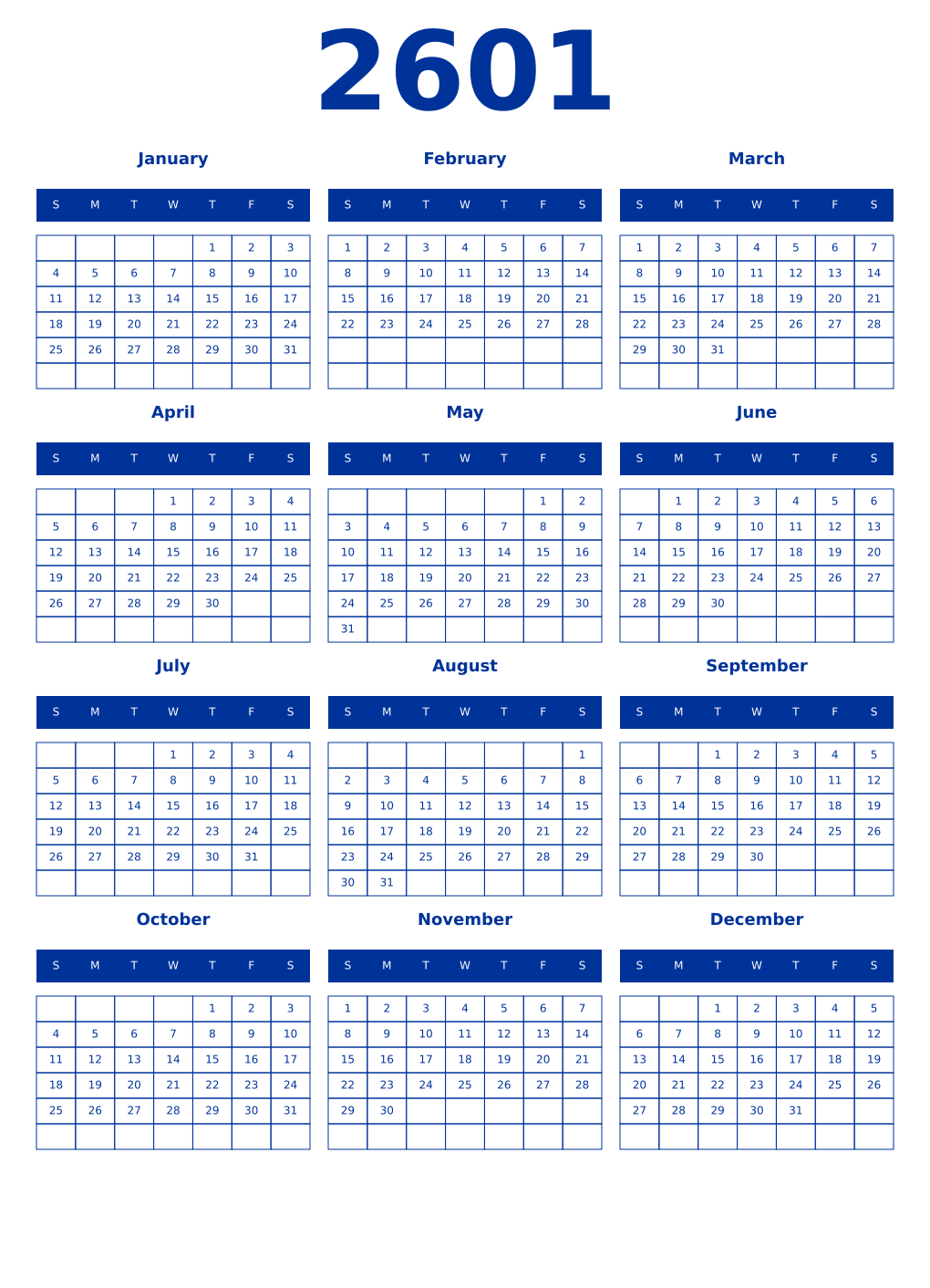 Printable 2601 Year Calendars smalt