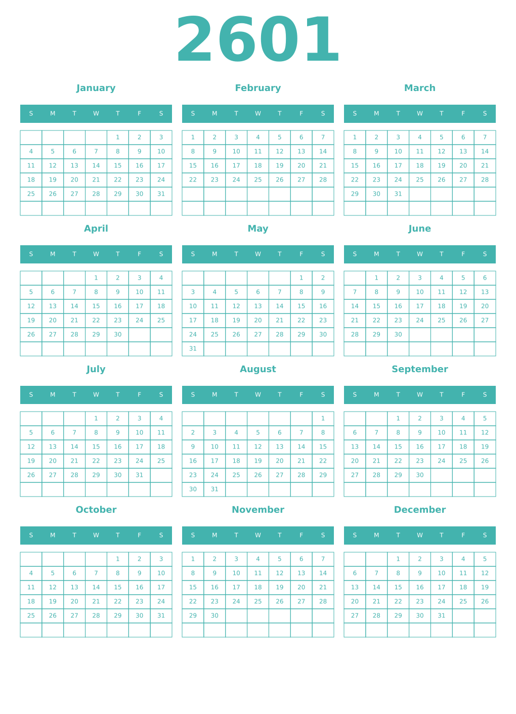 Printable 2601 Year Calendars verdigris