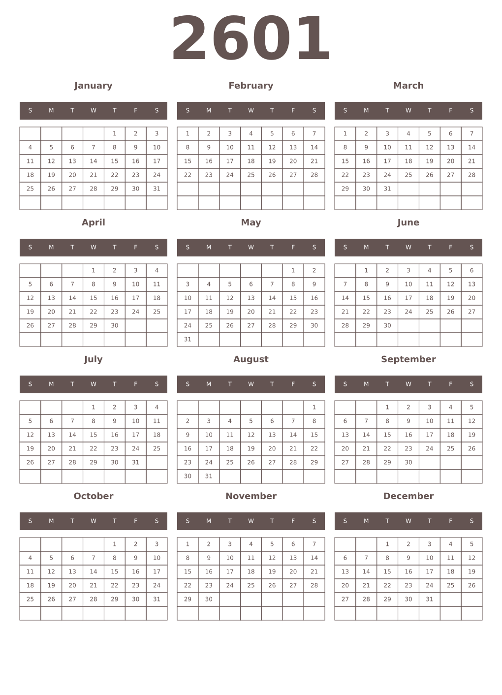 Printable 2601 Year Calendars wenge