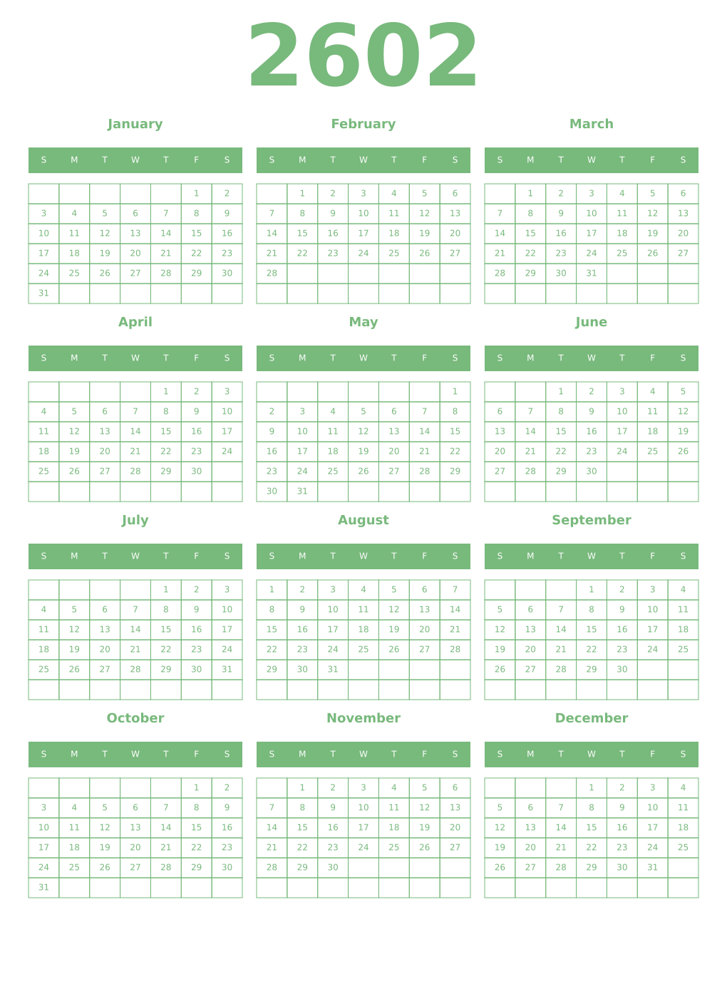 Printable 2602 Year Calendars celadon