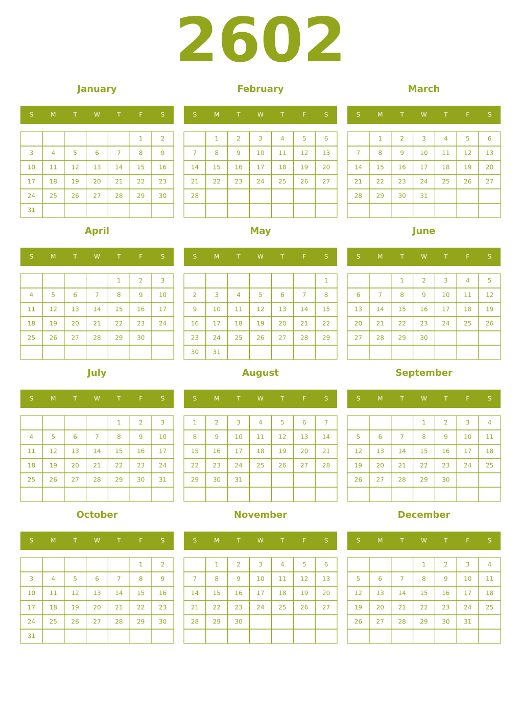 Printable 2602 Year Calendars chartreuse