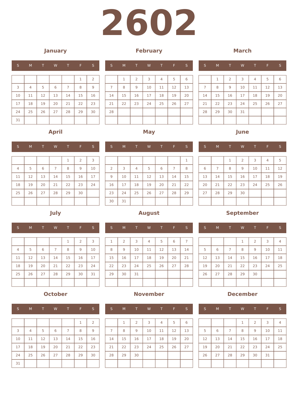 Printable 2602 Year Calendars coffe