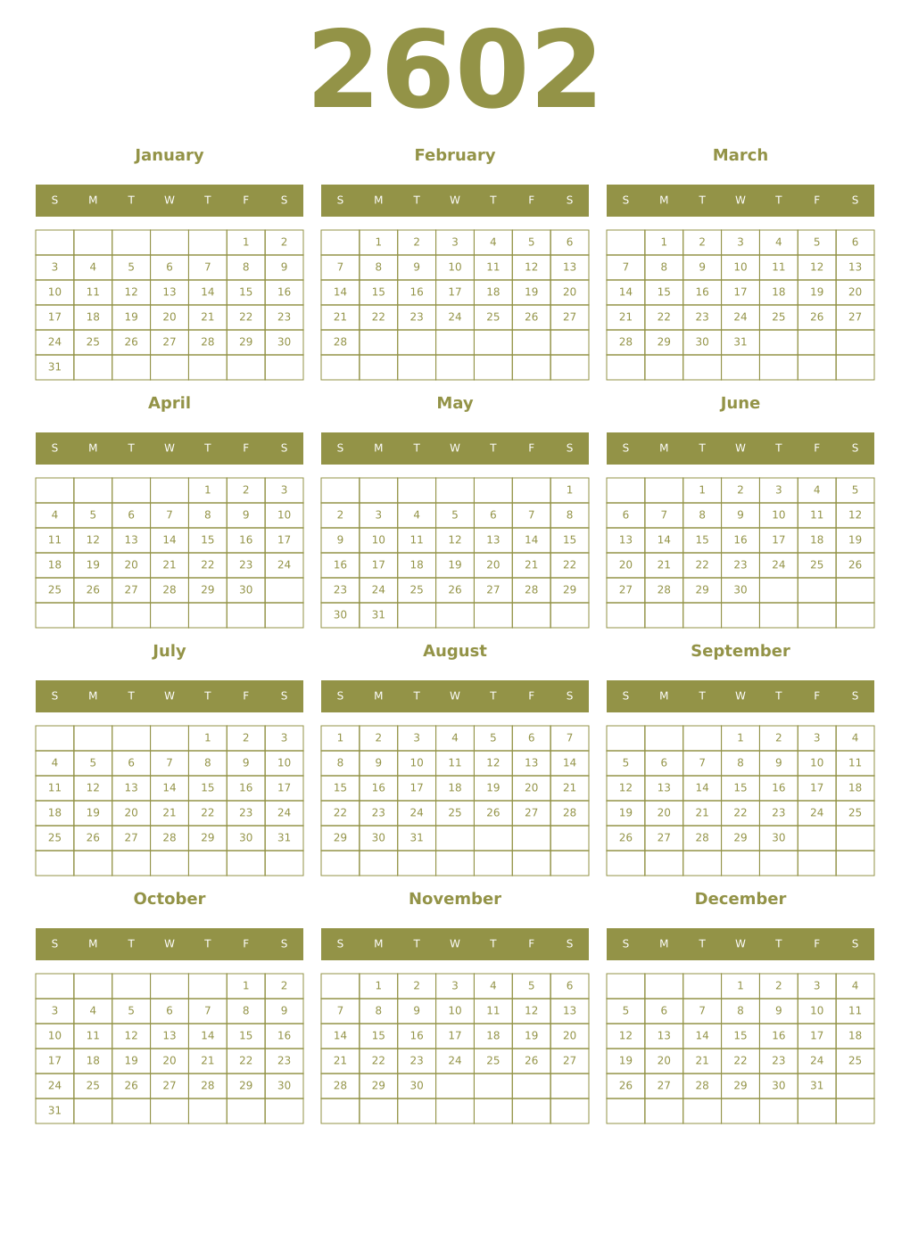 Printable 2602 Year Calendars eburnean