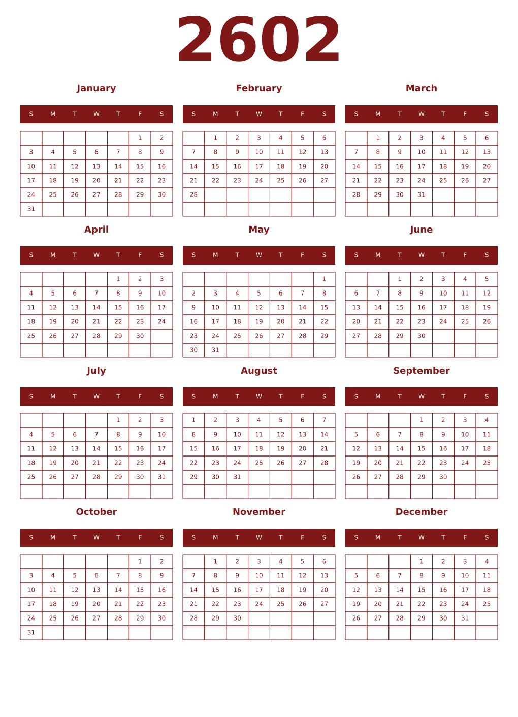 Printable 2602 Year Calendars falu