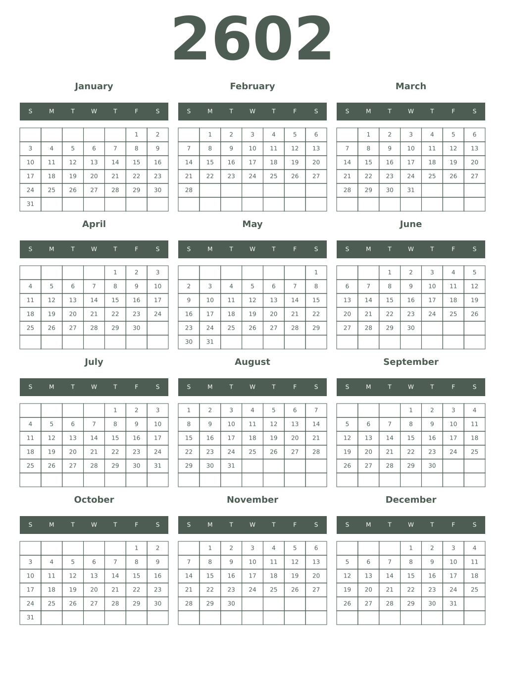 Printable 2602 Year Calendars feldgrau