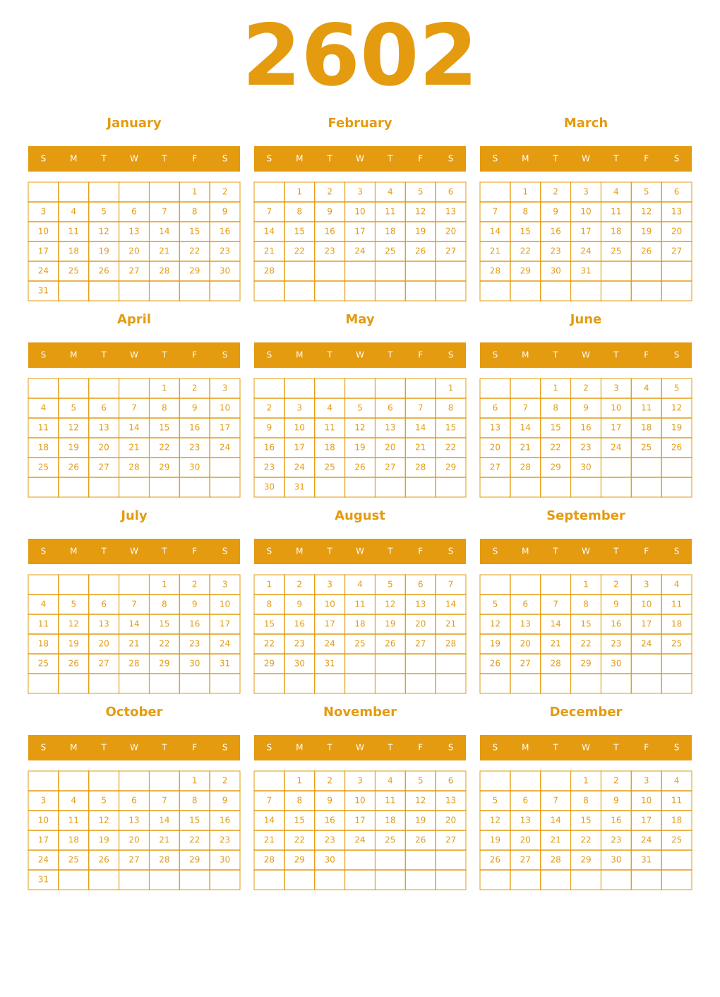 Printable 2602 Year Calendars gamboge