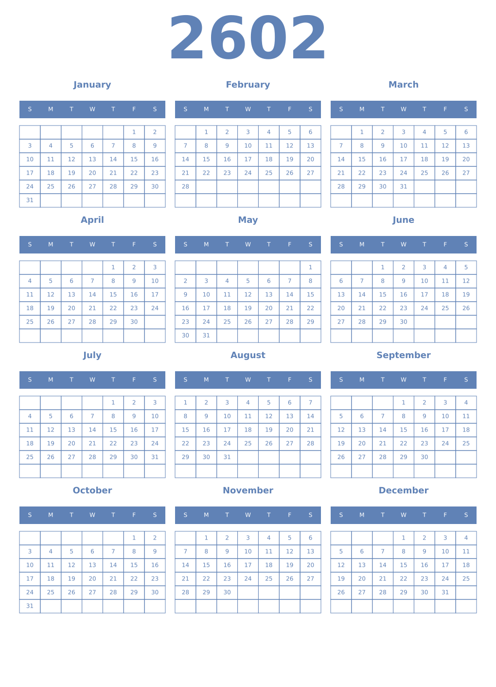 Printable 2602 Year Calendars glaucous