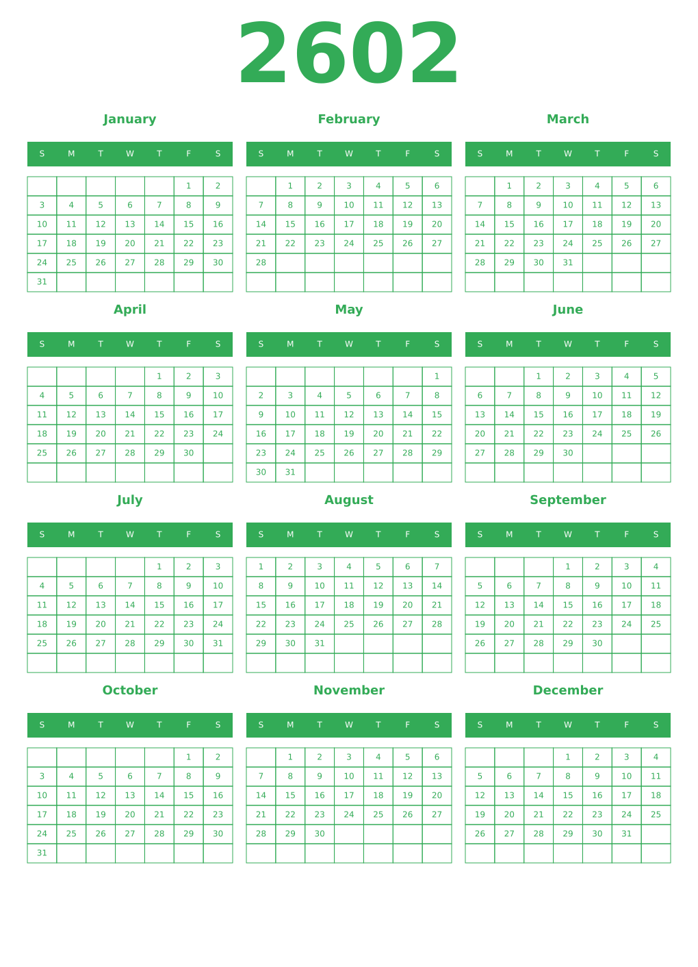 Printable 2602 Year Calendars green