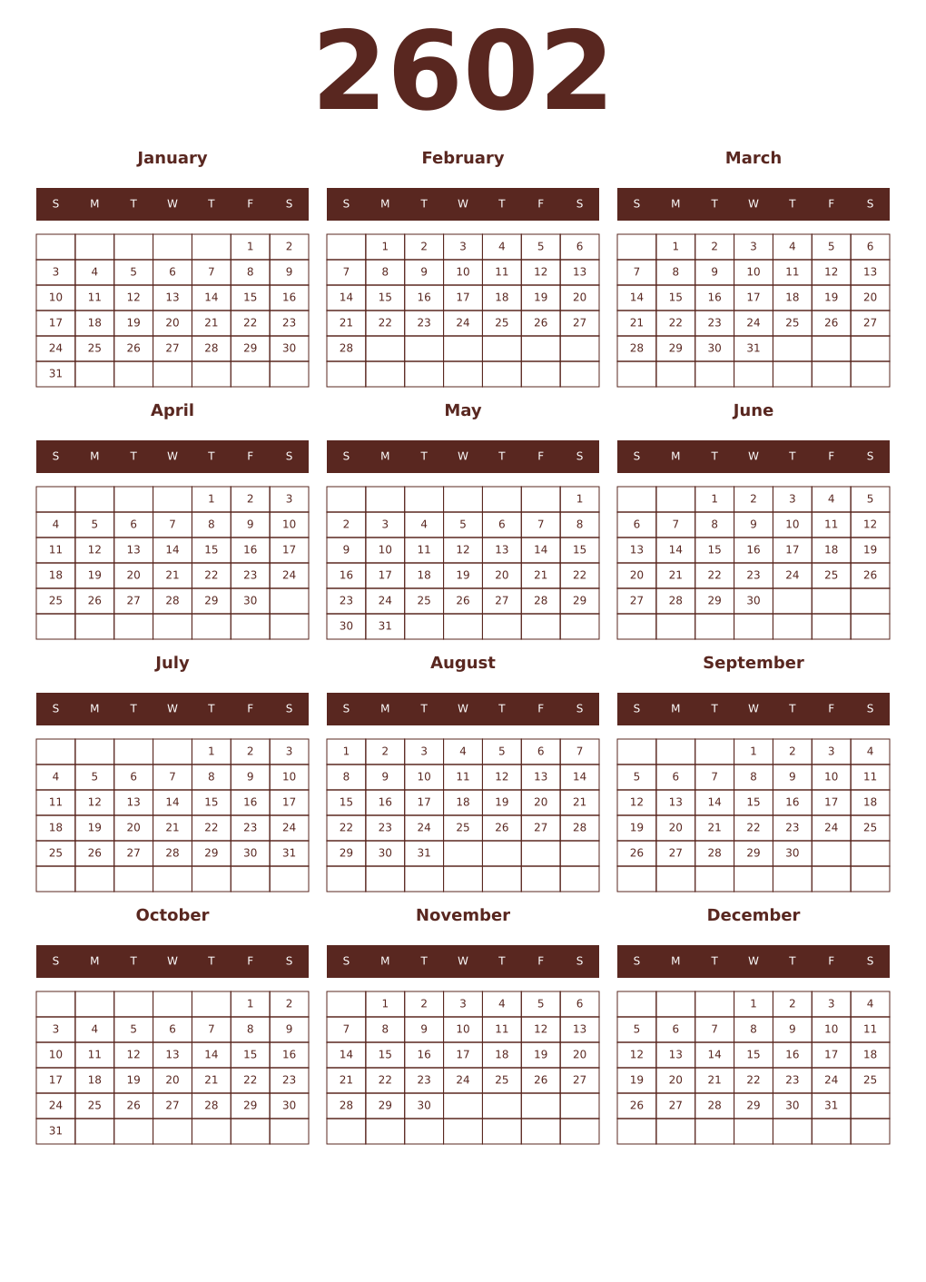 Printable 2602 Year Calendars mortuum